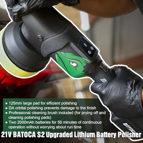 BATOCA 21V Cordless Polisher for Cars - 2.0Ah Lithium Battery Powered Car Buffer Kit, 4500RPM orbital with pads & Buffing Pads Cleaning Brush - Professional Auto Detailing Tool (Upgraded from S2)