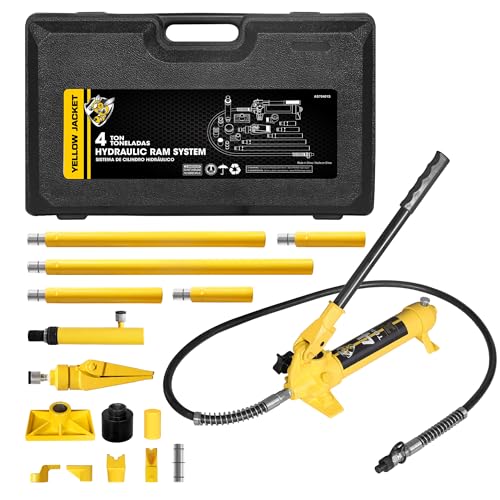 YELLOW JACKET 4 ton Hydraulic Ram Jack Pusher Puller Auto Body Frame Repair Tool Porta Power Kit with Blow Mold Carrying Storage Case for Car Repair,Truck,Farm - size: 4 Ton