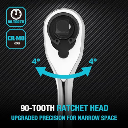 DURATECH 3-Piece Extra Long Drive Ratchet Handle, 1/4", 3/8", 1/2" 90-Tooth Ratchet Wrench with Dust Proof Teardrop Enclosed Head, Reversible, CR-V Steel Made, CR-MO Head, Full Polished, Gifts for Men - size: 1/4", 3/8", 1/2" Combo Kit