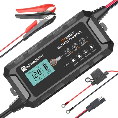 ECO-WORTHY 10A LiFePO4 Battery Charger 12V, Smart Lithium Battery Charger & Maintainer, Trickle Charger and Desulfator for Lead Acid, RV, Car, Motorcycle, Marine, Boat