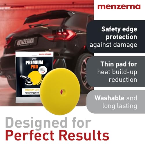 MENZERNA 6 Inch Polishing Pad Medium Cut for Medium Fine Polishing I Body Repair & Detailing Pads with Safety Edge & Velcro Attachment I Washable & Long Lasting I with Hole for Anti Heat Build-Up - color: yellow