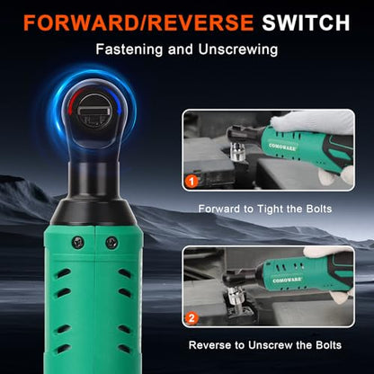 COMOWARE 3/8 Cordless Electric Ratchet Wrench Kit, 40ft-lbs Torque, 12V Power, 8 Sockets, LED Light, Fast Charger, Ergonomic Design | 12V Power, Electric Socket Wrench, LED Light,Lightweight & Compact, Fast Charger, Ergonomic Design