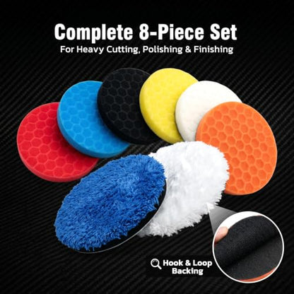 8 PCS 6 Inch Buffing Pads Set, Foam Polishing Pads for Car Detailing, Ideal for Scratch & Swirl Removal, Compatible with DA Polishers