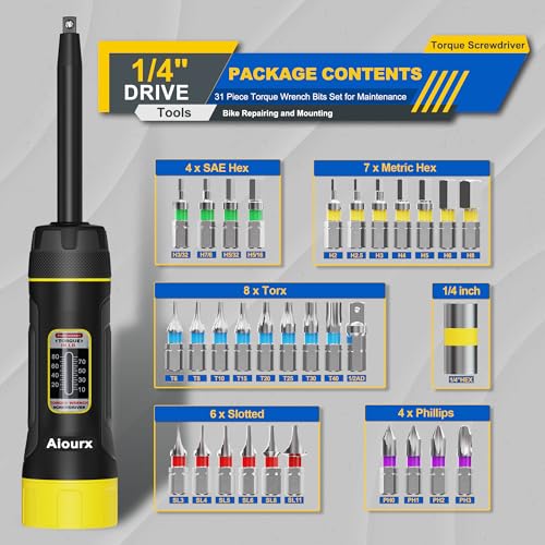 Long Shank Torque Screwdriver Set, 10-80 Inch Pounds lbs, 32 Piece 1/4" Drive Torque Screwdriver Wrench with S2 Steel Bits for Bicycle Mechanics, Mechanical Equipment, and Mounting - size: 10-80inch L