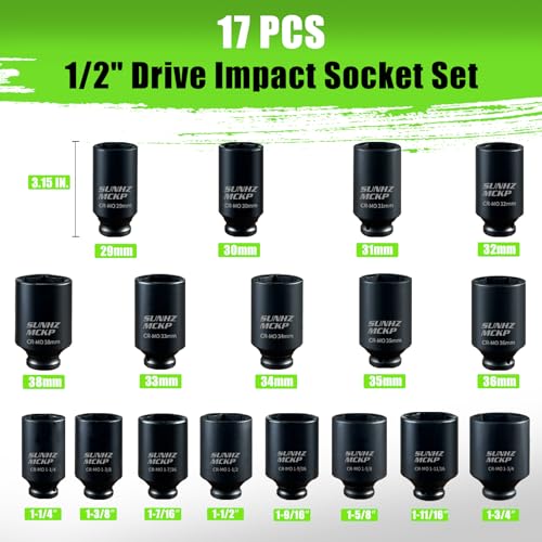 SUNHZMCKP 1/2" Drive Deep Impact Socket Set 17-Piece, Spindle 6 Point Axle Nut Sockets Set, Standard SAE (1-1/4-Inch to 1-3/4-Inch) and Metric (29mm - 38mm) Large Socket, CR-MO, Impact Grade - color: 17-piece, size: 17-Pc 1/2" SAE and Metric Drive Impact