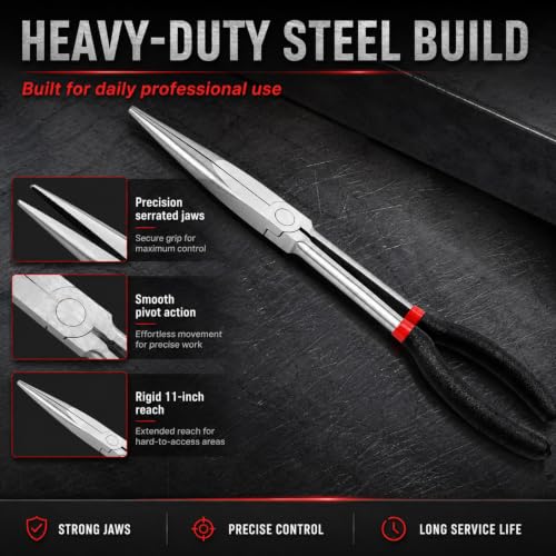 11-Inch Extra Long Needle Nose Pliers, Premium Heavy Duty Long Reach Needlenose Pliers, Non-Slip Grips, Ideal for Professionals Electrical and Hobbyists Alike