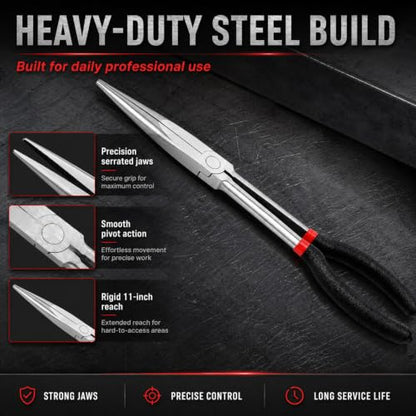 11-Inch Extra Long Needle Nose Pliers, Premium Heavy Duty Long Reach Needlenose Pliers, Non-Slip Grips, Ideal for Professionals Electrical and Hobbyists Alike