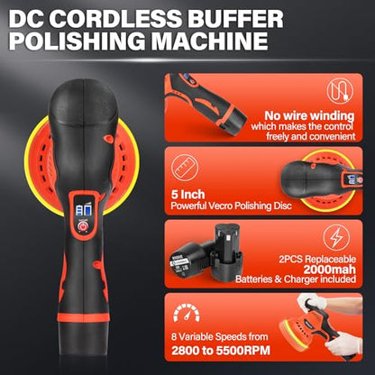 Cordless Car Buffer Polisher with 2 PCS 12V Lithium Rechargeable Battery, 8 Speed Variable, 2800-5500RPM Brushless Polisher Suitable for Car Boat Polishing, Detailing, Waxing, Scratch Removal