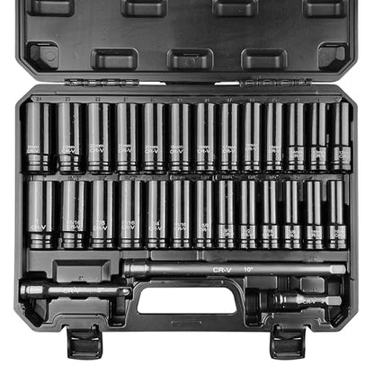 29pcs 1/2" Socket Set, Drive Deep Impact Socket Set, Including 3 ", 5", 10" Impact Extension Bar, Standard SAE (3/8 "- 1") and Metric (10mm-24mm), Cr-V Steel - size: 29 PCS (3/8"-1")