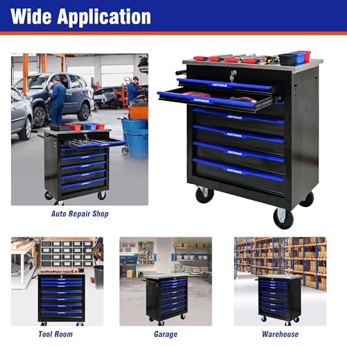 7 Drawer Heavy Duty Rolling Tool Chest, Mobile Metal Lockable Tool Cart with Stainless Steel Worktop, Garage Tool Storage Cabinet for Workshop Auto Repair, Black & Blue, 30.7" H × 25.9" W - size: 7 Drawers