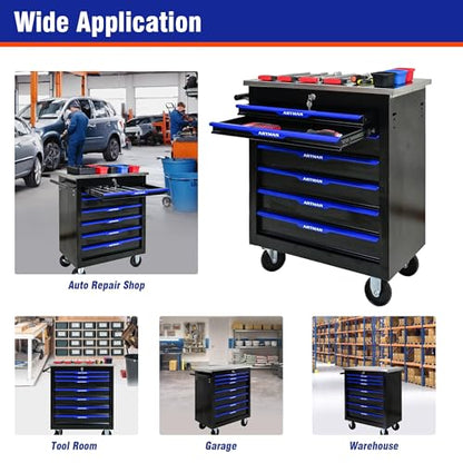 7 Drawer Heavy Duty Rolling Tool Chest, Mobile Metal Lockable Tool Cart with Stainless Steel Worktop, Garage Tool Storage Cabinet for Workshop Auto Repair, Black & Blue, 30.7" H × 25.9" W - size: 7 Drawers
