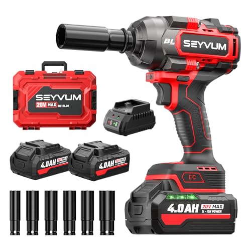 SEYVUM Cordless Impact Wrench, 1/2” Max Torque 900 Ft-lbs / 1200 N.m Powerful Impact Gun, 20V 3500RPM Electric Impact Driver, 2 x 4.0Ah Battery & Fast Charger, 6 Impact Sockets, Carrying Case Included - style: 1200 N.m