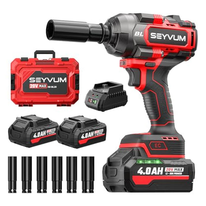 SEYVUM Cordless Impact Wrench, 1/2” Max Torque 900 Ft-lbs / 1200 N.m Powerful Impact Gun, 20V 3500RPM Electric Impact Driver, 2 x 4.0Ah Battery & Fast Charger, 6 Impact Sockets, Carrying Case Included - style: 1200 N.m