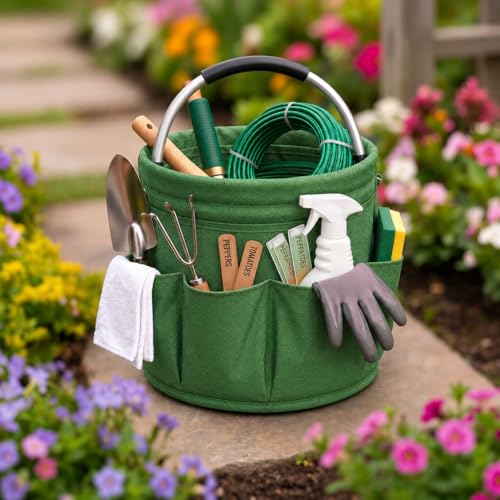 Garden Tool Organizer Tote with Non-Slip Handle – 4.5-Gallon Water-Resistant Bucket Bag with 6 Side Pockets, Portable Gardening and Outdoor Utility Bag for Yard Work, Garage, Beach & Camping - color: Green