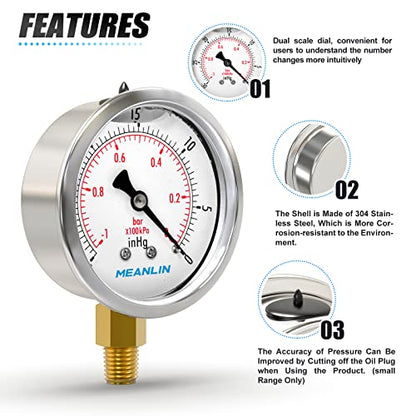MEANLIN MEASURE -30inHG~0Psi Stainless Steel 1/8" NPT 2.5" FACE DIAL Vacuum Pressure Gauge, Lower Mount, with 1/4" NPT and 3/8" NPT Hex Bushing - size: -30inHG-0Psi