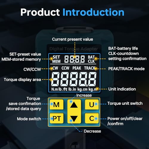 Upgrade Digital Torque Adapter, (±1% Accuracy, 12.5-250Ft-lb), 1/2" Digital Torque Wrench Adapter for Car, Versatile Meter - Smart Alert | Peak/Track | Preset | Store/Delete, for Automotive(340N.m) - size: 12.5-250 Ft-lb/17-340 Nm