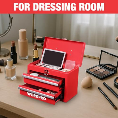WORKPRO Portable Mini Tool Box, 2 Drawers Metal Tool Chest with Ball Bearing Slides, Top Storage with Latch, Ergonomic Carrying Handle, Mechanic Toolbox with PVC Liners and PP Feet Pads - color: Red