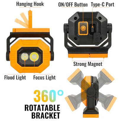 Easymaxx LED Rechargeable Work Light, 2Pack 1500LM Portable COB Magnetic Lights with 3 Modes & 360°Rotatable, IPX4 Waterproof Worklight for Car Repairing, Job Site Lighting, Emergency (2 PCS) | 3 modes, 360° rotatable bracket, USB-C charge, up to 7 hr run