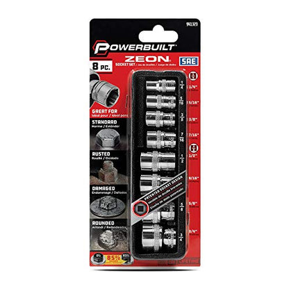 Powerbuilt 941323 8 Piece SAE Zeon Socket Set - with use for Standard, Rusted, Rounded Bolts and Nuts, Size from 1/4" to 3/4" - size: SAE