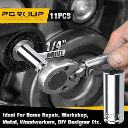 1/4” Drive SAE Socket Set, 11PCS Deep Hex Socket Set (3/16”-9/16”), Cover Most Commonly Sizes, Chrome Vanadium Steel with 3/8”F to 1/4”M Socket Adapter - size: 1/4-6PT-11PC