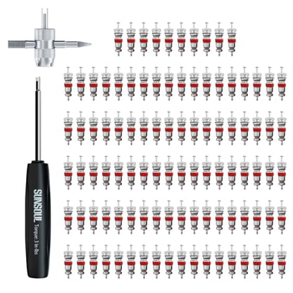 SUNSOUL 102PCS Schrader Tire Valve Cores with 4-Way Valve Core Removal Tool | Easy to Install, Nickel Plated Surface, 100% Leakage Tested, Max 300 PSI, Fits Car, Motorcycle, ATV, RV, Bicycle