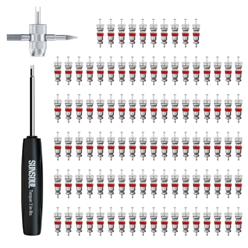 SUNSOUL 102PCS Schrader Tire Valve Cores with 4-Way Valve Core Removal Tool | Easy to Install, Nickel Plated Surface, 100% Leakage Tested, Max 300 PSI, Fits Car, Motorcycle, ATV, RV, Bicycle