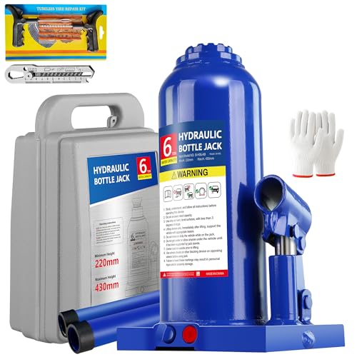6T Hydraulic Bottle Jack, 12,000 lbs, with Tire Kit | Welded steel jack for trucks, SUVs, RVs. 8.66"-16.93" lift. Portable, no power needed. - color: 6 Ton Basic with Tire Repair Kit