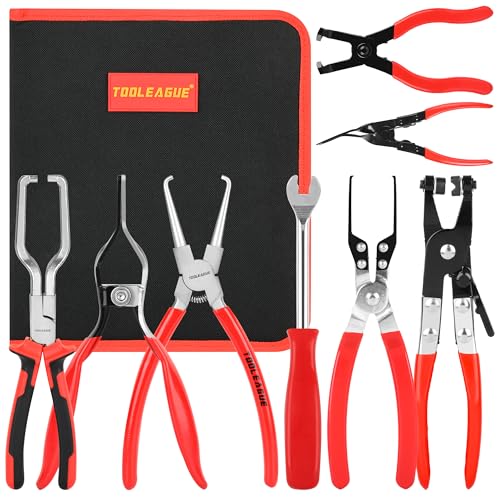 TOOLEAGUE 8Pcs Fuel Line Disconnect Pliers Set,Hose Pipe Clamp Clip | Fuel Filter Caliper,Panel Clip/Spring Clamp/Hose Removal/Relay Puller/Plier,30 Degree Push Pin/Car Trim Removal Tool for Auto