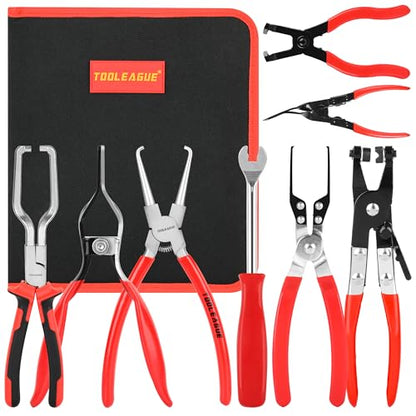 TOOLEAGUE 8Pcs Fuel Line Disconnect Pliers Set,Hose Pipe Clamp Clip | Fuel Filter Caliper,Panel Clip/Spring Clamp/Hose Removal/Relay Puller/Plier,30 Degree Push Pin/Car Trim Removal Tool for Auto