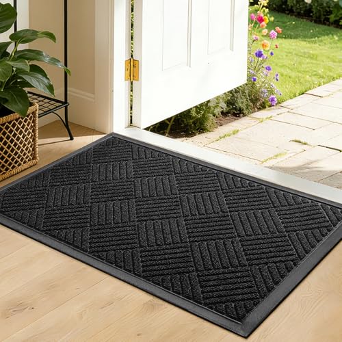 Front Door Mat, Heavy Duty Waterproof Rubber Doormat for Indoor Outdoor, Non-Slip Low Profile Dirt Trapper Absorbent Mat for Entryway, Stain Fade Resistant Easy Clean 31.5"x20", Black - color: Black, size: 1'8" x 2'8" (Rectangular)