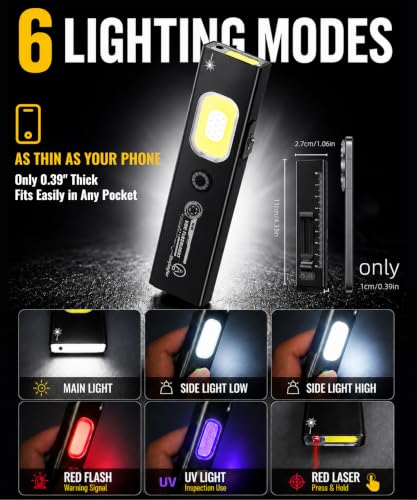 Flat EDC Flashlight Rechargeable, Lightweight 1.59oz Clip-On Flashlight with Magnetic Base, 550 Lumens Work Light, UV Light and Red Laser for Repair, Inspection, Camping,Emergency,Gifts for Men - color: Black