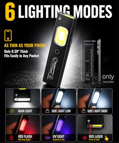 Flat EDC Flashlight Rechargeable, Lightweight 1.59oz Clip-On Flashlight with Magnetic Base, 550 Lumens Work Light, UV Light and Red Laser for Repair, Inspection, Camping,Emergency,Gifts for Men - color: Black