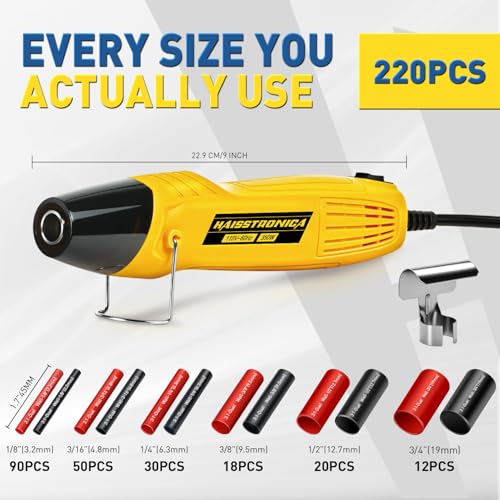 haisstronica 220PCS Heat Shrink Tubing Kit, 3:1 Adhesive Lined Heat Shrink Tube with 350W Mini Heat Gun, Waterproof Insulated Shrink Wrap for Automotive Marine Wiring Repair - size: 220 PCS
