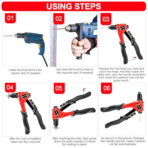 WETOLS Pop Rivet Gun Kit with 200 Blind Rivets,Upgraded Pop Rivet Tool Kit | Manual Single Hand Riveter with 4 Tool-Free Interchangeable Rivet Heads, 4 Drill Bits and Sturdy BMC Carrying Case - size: Regular Rivet Gun