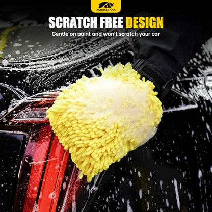 MIKKUPPA Car Wash Mitt Microfiber, Yellow & Gray, 2 Pack, 10" x 7" | Double-Sided Chenille Scratch Free Mitt with Waterproof Inner for Car Washing Home Cleaning - color: Yellow & Gray