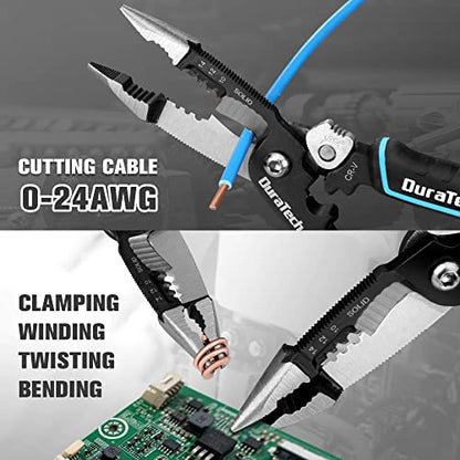 DURATECH 5-in-1 Wire Stripper, 8" Wire Stripper and Crimping Tool, Premium CR-V Construction, Needle Nose Plier, Multifunctional Electrician Pliers for Crimping, Cutting, Stripping, Shearing, Clamping