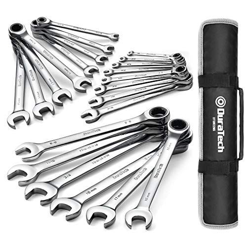 DURATECH Ratcheting Wrench Set, Combination Wrench Set, SAE & Metric, 22-piece, 1/4" to 3/4" & 6-18mm, CR-V Steel, with Pouch - style: Regular