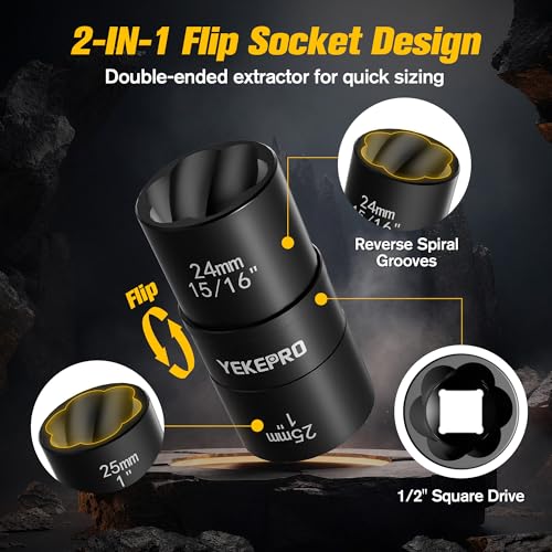 6PCS 2-in-1 Lug Nut Extractor Socket, 1/2" Drive Lug Nut Removal | 17-27MM, Double-Sided Impact Twist Sockets for Removing, Rusted & Damaged Lug Nuts, with Extension Bar & Knockout Pin