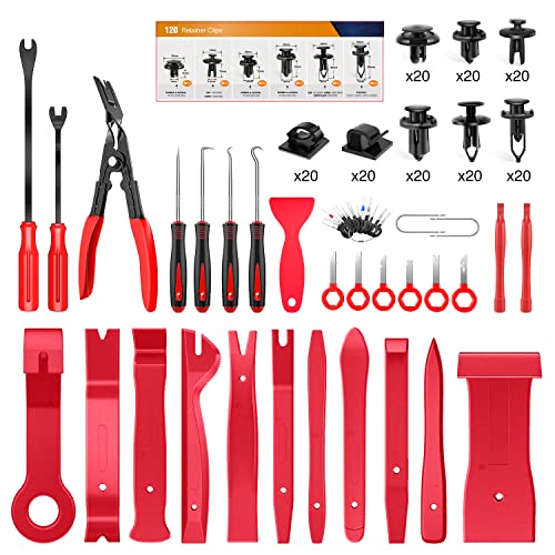 GOOACC 200Pcs Trim Removal Tool, Auto Push Pin Bumper Retainer Clip Set Fastener Terminal Remover Tool Adhesive Cable Clips Round Handle Crowbar Pry Kit Car Panel Radio Removal Auto Clip Pliers - color: 120Pcs Clips +80 Remover