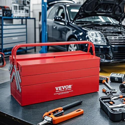 VEVOR Metal Tool Box, 18-inch, 3-Tier 5-Tray Portable Folding Tool Chest Organizer with Handle & Lock Hole, Powder Coated Steel, Cantilever Toolbox for Household Factory Warehouse Repair Shop, Red - style: 3 Tier-5 Tray