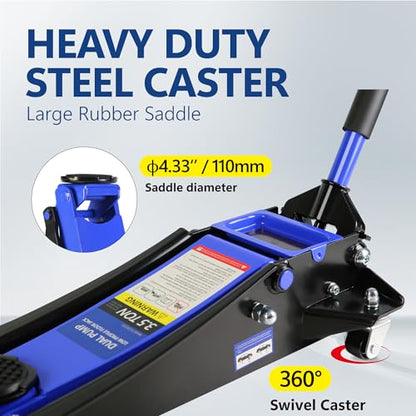 3.5T Low Profile Steel Floor Jack, 7000 lb, Dual Pump, 4"-21" Lift | Heavy-duty steel, dual-piston quick lift, low profile, 4"-21" range, overload safety protection. - size: 3.5T Dual Pump 4"-21"