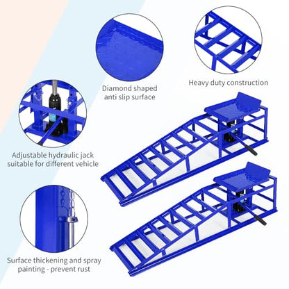 Heavy Duty Hydraulic Car & Truck Ramps, 2 Pack, 5 Ton (11000 lbs) Capacity - Adjustable Low Profile Steel Lift 9.8"–16.2" - Safety Lock for Garage Maintenance - Blue - color: Blue