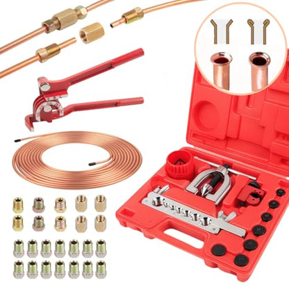 Wostore 25 FT 3/16" Copper Coated Brake Line Kit with 24 Brass Fittings & Double/Single Flaring Tool Kit, Complete Brake Line Repair Solution for Cars, Trucks, Motorcycles