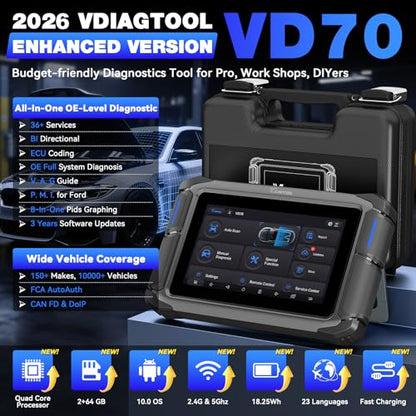 VDIAGTOOL Bidirectional Scan Tool, VD70 OBD2 Scanner Diagnostic Tool with 38 Reset Functions, PMI, Coding, Full System Car Scanner with VAG Guided Function, FCA, CAN FD & DoIP, 3-Year Free Update