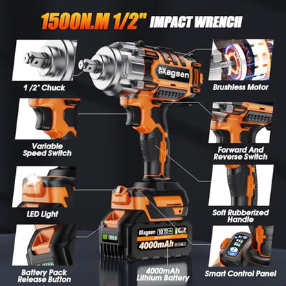 1500N.m Impact Wrench, 1/2" High Torque 1107ft-lbs Cordless Impact Gun with 2 x 4.0Ah Battery, 21V Power Impact Driver with 5 Sockets,LED Light,Electric Impact Truck RV Car Heavy Construction - size: 1500N