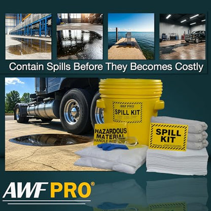 AWF PRO 20 Gallon Oil Only Spill Kit, 59 Pieces | Includes DOT Approved 20 Gallon Drum, Sorbent Socks, Pads, & Pillows, & Accessories - size: Oil Only Spill Kit