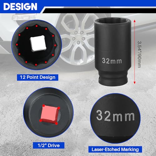 DASBET 1/2" Drive Deep Impact Socket Set 4PCS | Heavy Duty Drive Deep Spindle Axle Nut Impact Socket Set 12 Point, Metric 30mm, 32mm, 34mm, 36mm