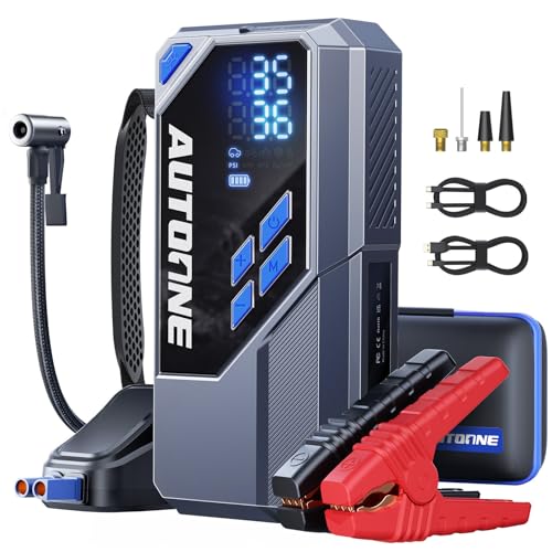 AUTOONE 10000A Jump Starter with Air Compressor, 24000mAh Jump Box with Tire Inflator (All Gas & Diesel) Portable Car Battery Booster Jumper Starter Pack, Jumper Cables, Type C, 60W Charging, Light - size: 10000A with Inflator