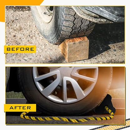 4 Pair Heavy Duty Wheel Chocks for RV Trailer, Rubber Wheel Stoppers, Dual Blocks, Non Slip Tire Chock with Nylon Rope Reflective Tape for RV Camper Travel Trailers Car Truck (Yellow)