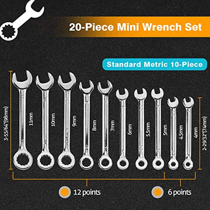 SPEEDWOX 20-Piece Mini Combination Wrench Set, High Carbon Steel, Silver - size: Metric & SAE